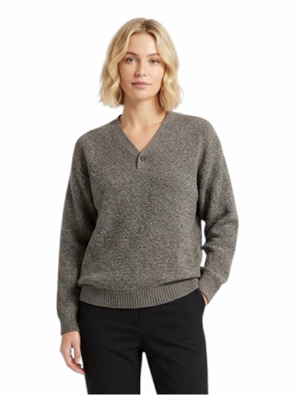 (1990’s) London Fog Grey Speckled Cotton V-Neck Button Henley Sweater - PTP 26
